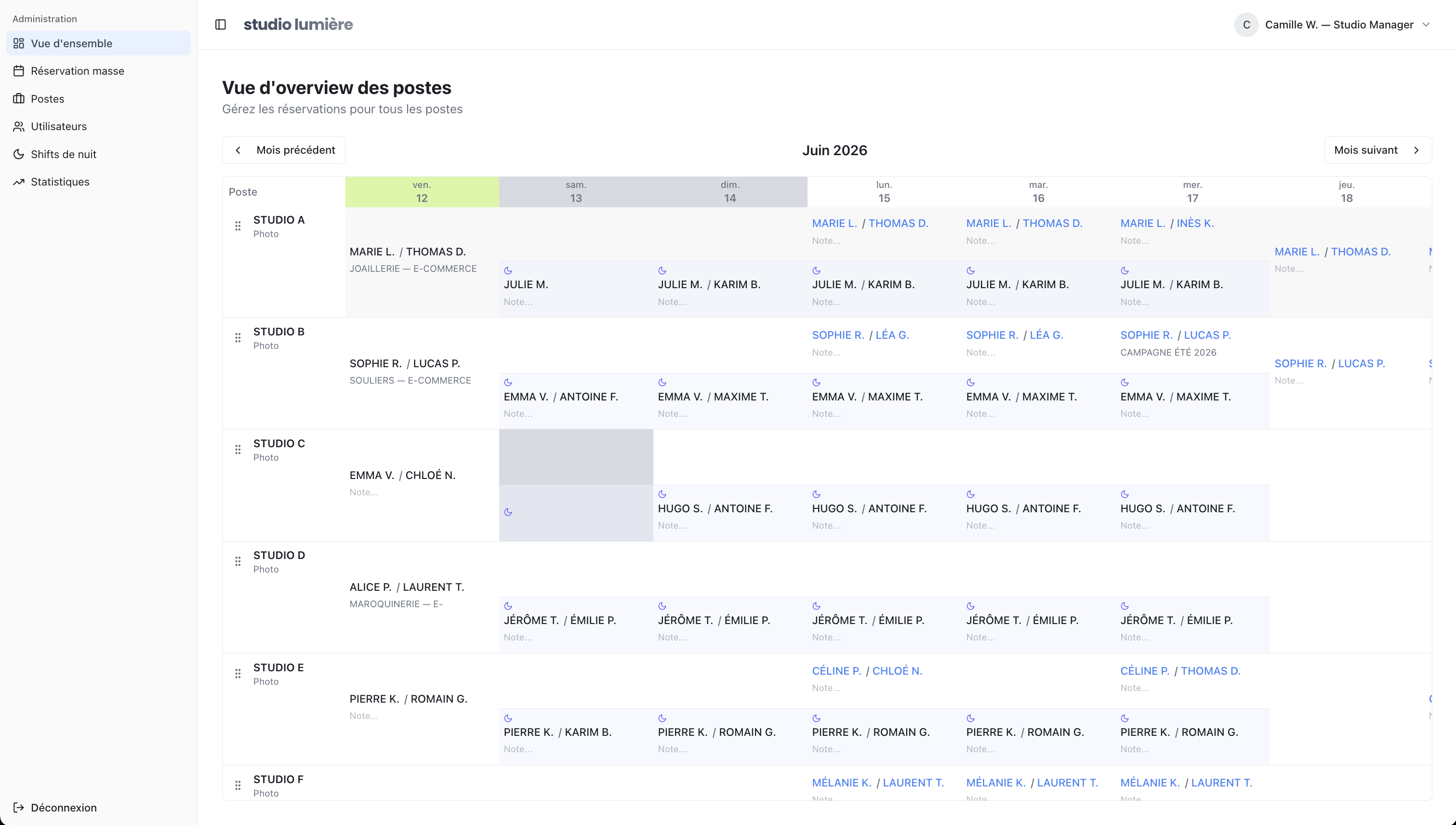 Interface Mauriset : planning de production photo avec vue d'ensemble des studios et photographes